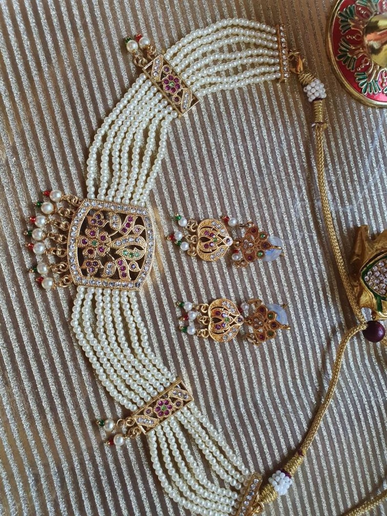 Indian jewelry bridal wedding kundan polki earrings necklace choker set ethnic punjabi Pakistani jadau jarau pearls gift birthday anniversar