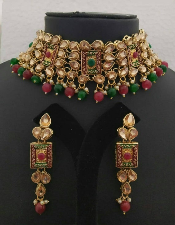 Indian jewelry wedding bridal kundan polki meenakari necklace set choker set earrings gold plated crystals necklace set bollywood jewelry