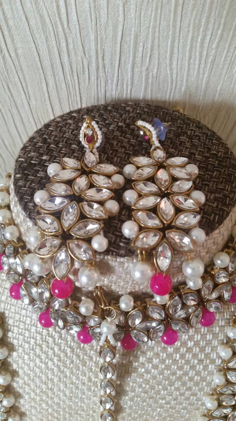Indian jewellery jewelry wedding bridal party Necklace Mala choker earrings teeka set pearls hand made jewelry beads antique look head piece