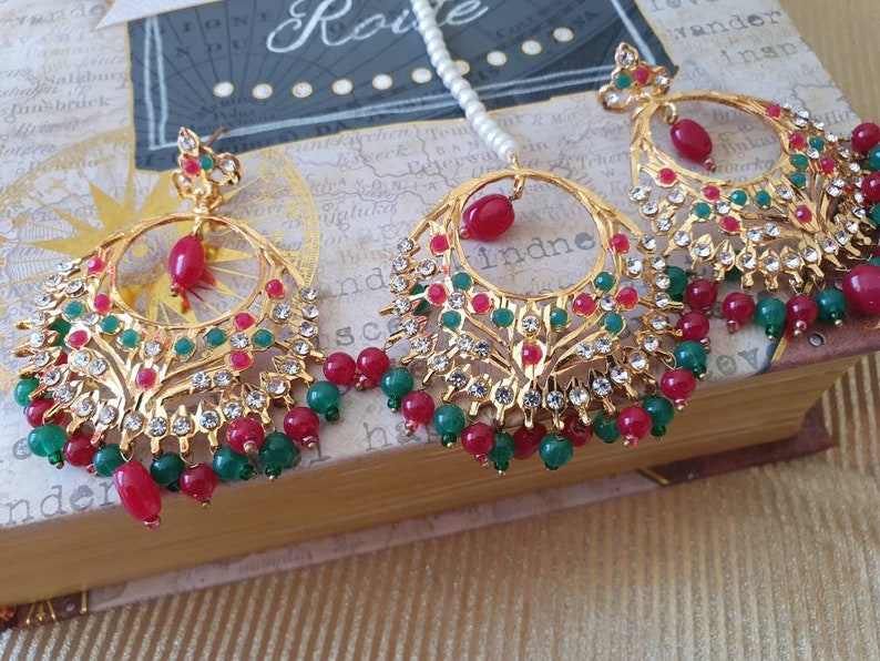 Jadau jarau earrings Hoops teeka headpiece ballis ballay nizami hyderabadi jewelry wedding bridal Bollywood tikka tikkli hair accessories
