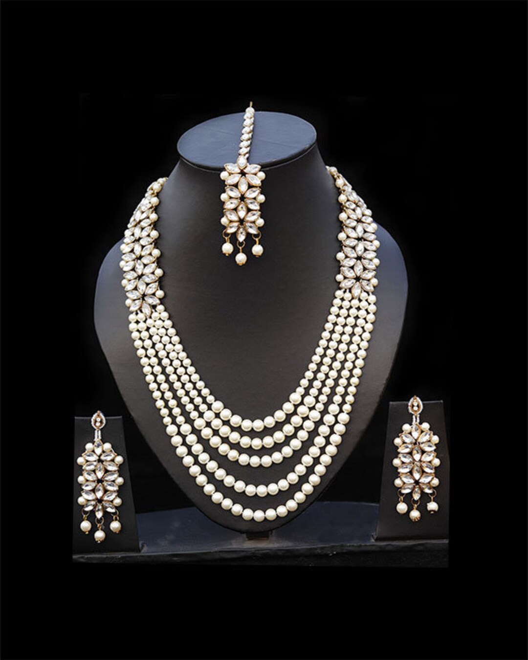 Pearls Multi Layers Long Necklace Earrings Tikka Teeka - Etsy