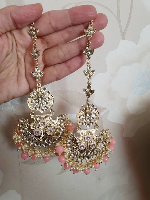 Kundan Polki Earring Kaan Chain Saharay Meenakari Pearls Hand