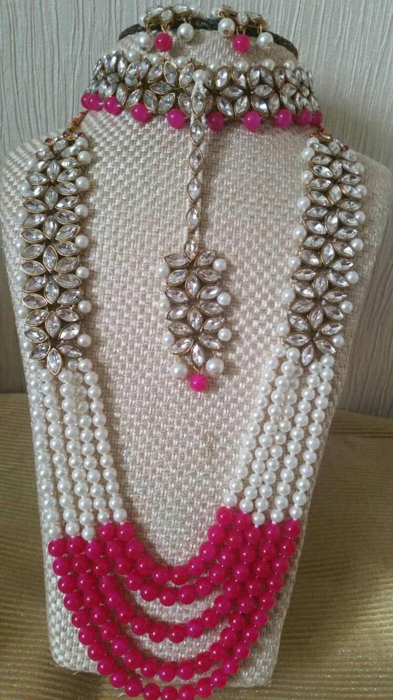 Indian jewellery jewelry wedding bridal party Necklace Mala choker earrings teeka set pearls hand made jewelry beads antique look head piece