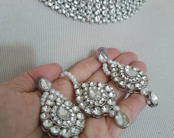 Silver shade necklace set choker jhumkis Jhumka necklace earrings teeka tikka headpiece gift Combo Bollywood jewelry Birthday gift Anniversa