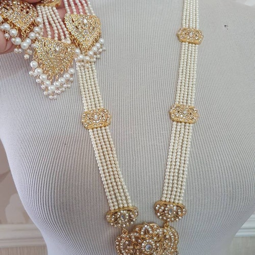 Beautiful Pearls Rani Haar Mala Long Necklace Earrings Teeka Tikka Headpiece Gift Combo Bollywood Jewelry Traditional Hyderabadi Jewellery