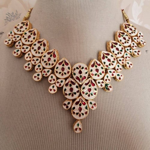 Indian jewelry bridal wedding kundan polki Meenakari choker necklace earrings teeka tikka headpiece Combo Bollywood online jewelry Birthday gift UK