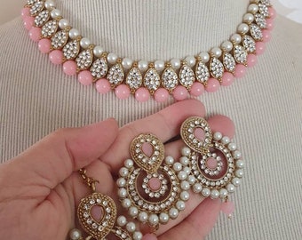 Indian jewelry set earrings teeka tikka headpiece necklace choker combo Bollywood jewelry Birthday gift Anniversary party jewels punjabi Pak