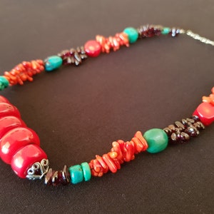 Vintage handcrafted coral, turquoise and garnet Tibetan tribal necklace