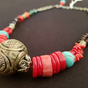 Vintage handcrafted tibet silver, coral, turquoise and garnet Tibetan tribal necklace