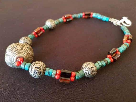 Vintage handcrafted tibet silver, turquoise, cora… - image 1
