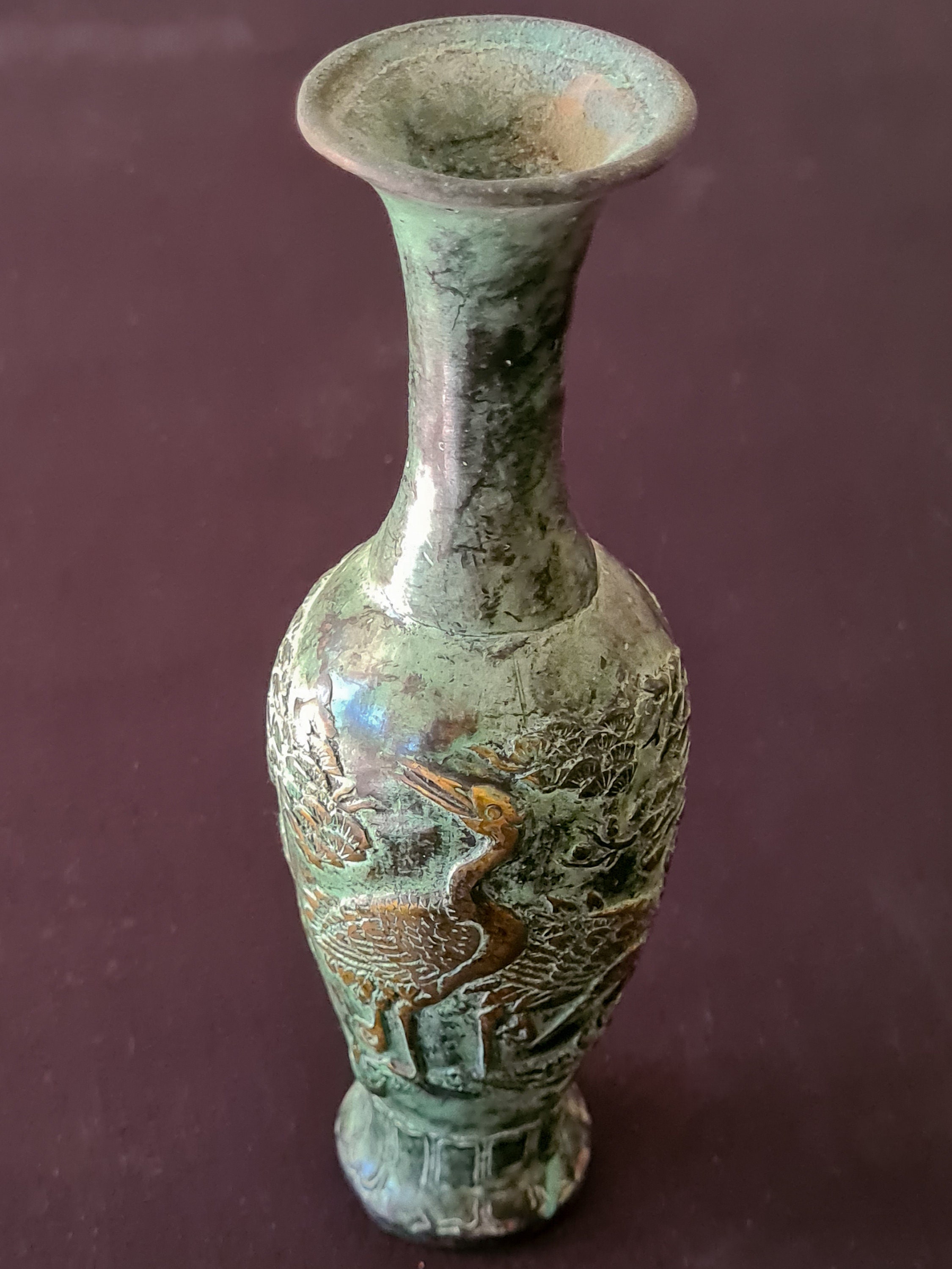 Old Chinese Brass Vase With Cranes Etsy