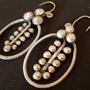 Old handcrafted Miao silver tribal ethnic earrings from Guizhou Province, SW China