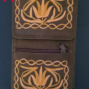 Versatile soft suede embroidered bag wallet from Kashmir, India