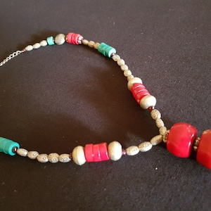 Vintage handcrafted Tibet silver,coral and turquoise Tibetan tribal necklace.