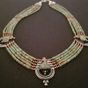Vintage handcrafted sterling silver, coral and turquoise Nepalese tribal necklace
