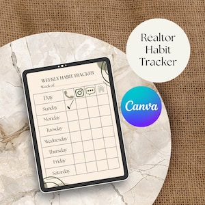 May include: A digital weekly habit tracker with a beige background, featuring a grid for daily entries. The text "WEEKLY HABIT TRACKER" is at the top. A circular graphic reads "Realtor Habit Tracker". The Canva logo is also visible.