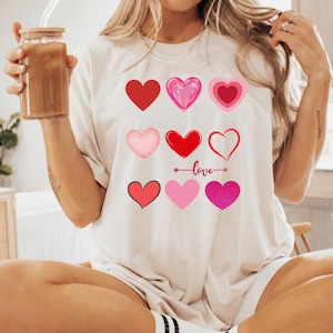 Valentine&#39;s Day Pink and Red Hearts Love Unisex Tee, T-Shirt, Shirt, Valentine Gift, Heart Top, Valentine&#39;s Day Shirt