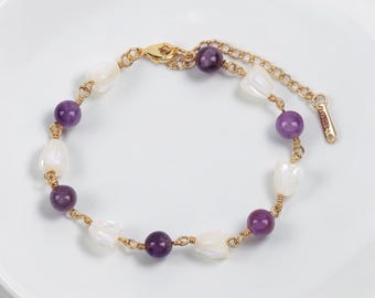 Mother of Pearl Shell Pikake flower w/Amethyst Bead, Bracelet, Earrings, Bridal Jewelry, Graduation, Hawaiian Jewelry, Made in Hawaii