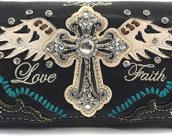 Turquoise Rhinestone Cross Western Wallet - Women's Trifold Wristlet & Crossbody With Detachable Straps - View #10