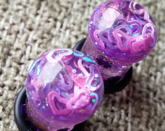 PAIR | Purple Hearts | Gauges | Magnified Plugs | Acrylic Plugs | Glitter Plugs | 0G | 00G | 7/16" | 1/2" | 9/16" | 5/8" | 3/4" | 7/8" | 1"