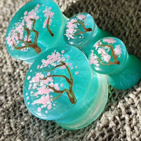 PAIR | Cherry Blossom Plugs | Gauges | Plugs and Tunnels | Acrylic | Hand Paint | 0G | 00G | 7/16" | 1/2" | 9/16" | 5/8" | 3/4" | 7/8" | 1"