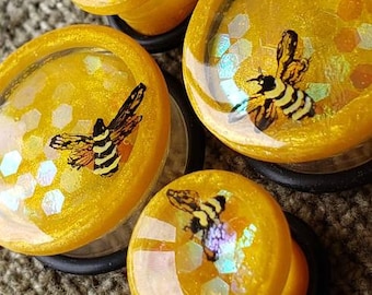 PAIR | Bee Plugs | 0G Plugs | Acrylic Plugs | Honeycomb | 00G | 7/16" | 1/2" | 9/16" | 5/8" | 3/4" | 7/8" | 1" | 28mm |