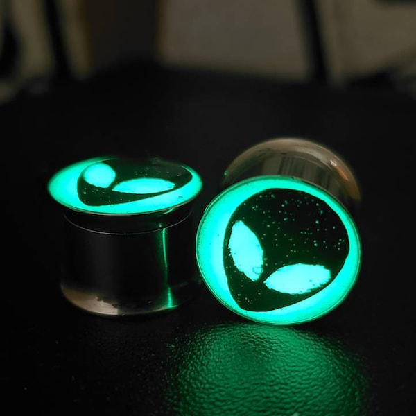 PAIR | Alien | Gauge Earrings | Custom Plugs | UFO | Glow in the Dark | 0G Plug | 00G | 7/16" | 1/2" | 9/16" | 5/8" | 3/4" | 7/8" | 1"