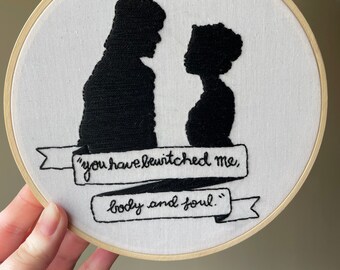 Pride and Prejudice quote and silhouette embroidery hoop