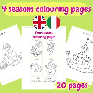 Può includere: Pagine da colorare stampabili con illustrazioni stagionali. Le pagine presentano un bambino che innaffia i fiori, farfalle, un gelato, una mela, un pupazzo di neve e un castello di sabbia. Il testo include "4 stagioni pagine da colorare" e "20 pagine".