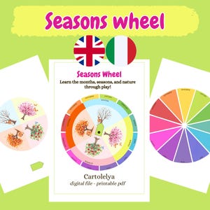 Può includere: Una colorata ruota delle stagioni educativa con il testo "Seasons Wheel" e "Learn the months, seasons, and nature through play!". La ruota è divisa in segmenti che rappresentano i mesi e le stagioni, con illustrazioni di alberi. L'immagine include anche una ruota più piccola e una bandiera.
