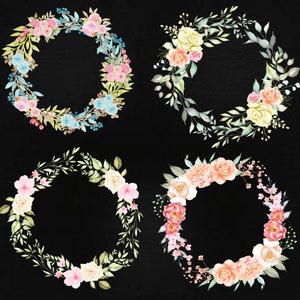 4 x Watercolor Floral Wreaths Pack ,Floral circle, Wedding Ornaments,Floral Ornaments, vectorial, clip art,floral frame, printable flowers