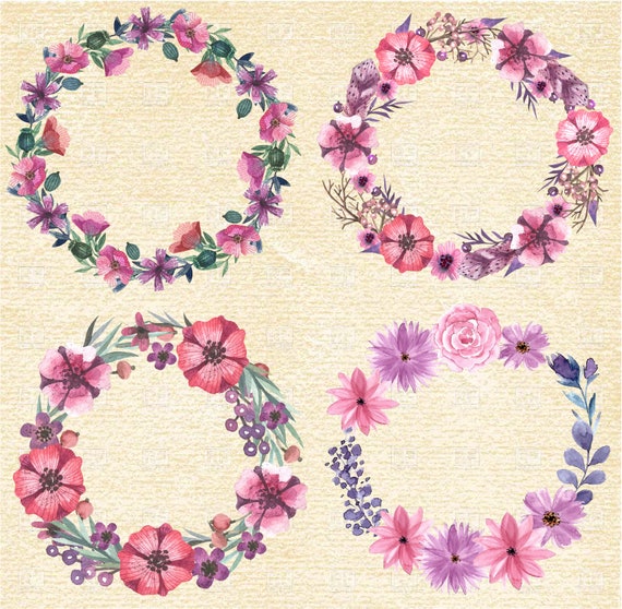 Download 4 X Watercolor Floral Wreaths Pack Wedding Ornamentsfloral Etsy
