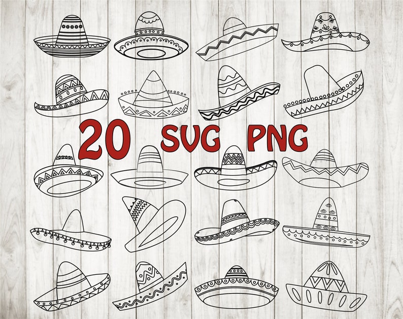 May include: A set of 20 black and white line drawings of sombrero hats. The hats are all different designs and have various patterns. The text "20 SVG PNG" is written in red at the bottom of the image.