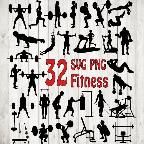 32 x Fitness SVG Bundle, Fitness SVG, Fitness cut files, Fitness silhouettes, Fitness clip art,Gym bundle svg, body building svg, sport svg