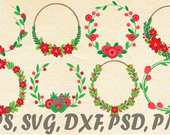 8 x coronas de Navidad svg, flores imprimibles, flores de Navidad, decoración de Navidad, coronas digitales, vectores de Navidad, diseño de Navidad svg