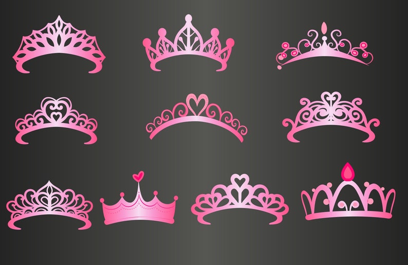 May include: Set of ten pink princess crowns with various designs, including hearts, swirls, and floral patterns. The crowns are all made of a shiny, metallic material.