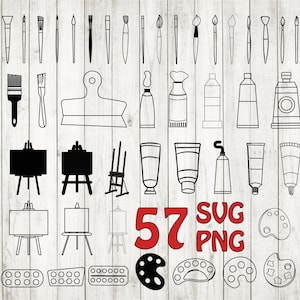 57 x Art supplies bundle, art svg,artist cut file, easel svg,painter cut file,artist svg, artist clipart, art silhouette svg,paint brush svg