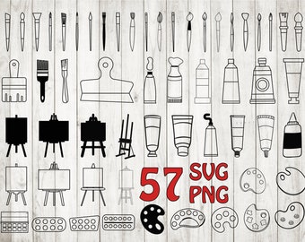 57 x Art supplies bundle, art svg,artist cut file, easel svg,painter cut file,artist svg, artist clipart, art silhouette svg,paint brush svg