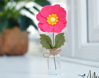 Pink Flower Vase Gift: Handmade felt anemone, thank you present for mum, friend, colleague. Desk decoration