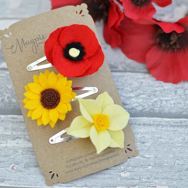 Felt flower hair clip, felt sunflower, sunflower wedding, wedding favours, felt poppy, flower hair accessory, sunflower hair clip