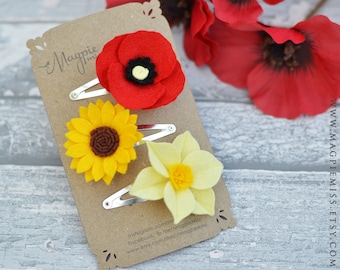 Felt flower hair clip, felt sunflower, sunflower wedding, wedding favours, felt poppy, flower hair accessory, sunflower hair clip