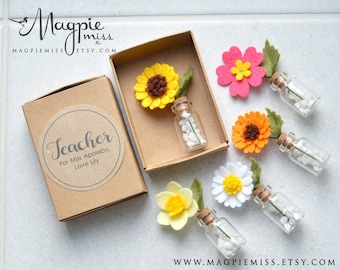 Personalised Teacher Appreciation Felt Flower Gift in a Matchbox: Sunflower, daisy, gerbera, daffodil or poppy