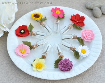 Felt Flower Wedding Favors: Handmade Felt Flower Table Decor, Keepsake Gifts in Matchboxes, poppy, anemone, sunflower, daffodil, rose, daisy