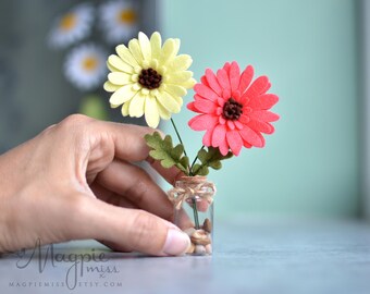 Coral Gerbera Daises in a Vase: Small Felt Flowers Ornamental Gift.