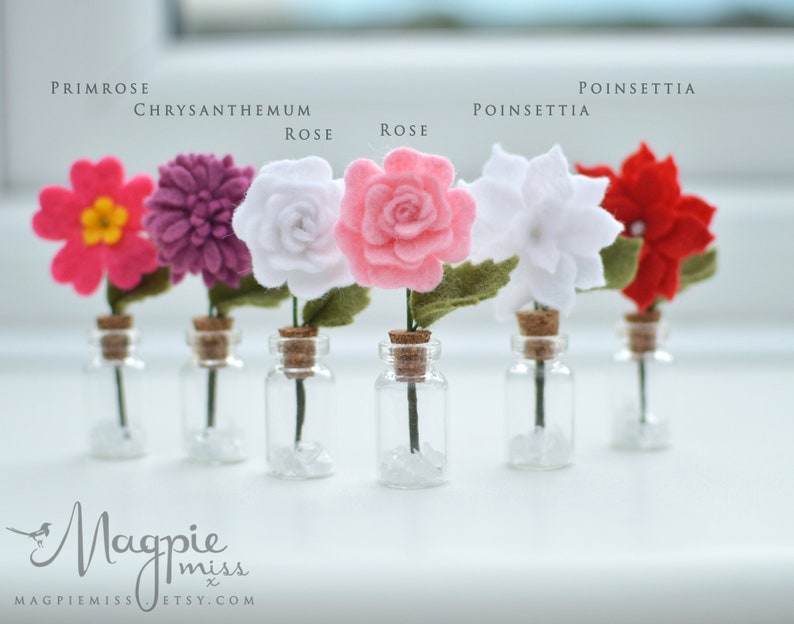 Pu&ograve; includere: Una collezione di fiori di feltro in piccole bottiglie di vetro. I fiori, tra cui primule, crisantemi, rose e stelle di Natale, sono nei toni del rosa, viola, bianco e rosso. Ogni bottiglia ha un tappo di sughero e contiene piccole pietre trasparenti.