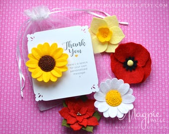 Felt Flower Brooch Thank You Gift: flower accessory, Sunflower, daisy, daffodil, poinettia, poppy