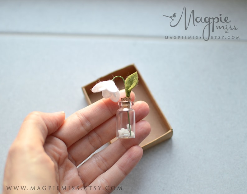K&ouml;nnte beinhalten: Eine kleine Glasflasche mit einem Korkverschluss, gef&uuml;llt mit wei&szlig;en Steinen und einer einzelnen wei&szlig;en Filzblume mit gr&uuml;nen Filzbl&auml;ttern.