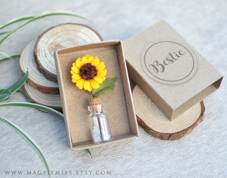 Matchbox sunflower gift, teacher thank you gift, mothers day flowers gift, felt sunflower, bestie friend gift, mini flower, wedding favors image 1