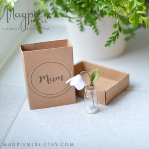 K&ouml;nnte beinhalten: Eine kleine Glasflasche mit einem Korkverschluss enth&auml;lt eine wei&szlig;e Filzblume mit gr&uuml;nen Filzbl&auml;ttern. Die Flasche ist mit wei&szlig;en Steinen gef&uuml;llt. Die Flasche steht auf einem braunen Karton mit einem wei&szlig;en runden Aufkleber, auf dem "Mutter" steht.