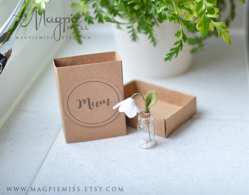 K&ouml;nnte beinhalten: Eine kleine Glasflasche mit einem Korkverschluss enth&auml;lt eine wei&szlig;e Filzblume mit gr&uuml;nen Filzbl&auml;ttern. Die Flasche ist mit wei&szlig;en Steinen gef&uuml;llt. Die Flasche steht auf einem braunen Karton mit einem wei&szlig;en runden Aufkleber, auf dem "Mutter" steht.